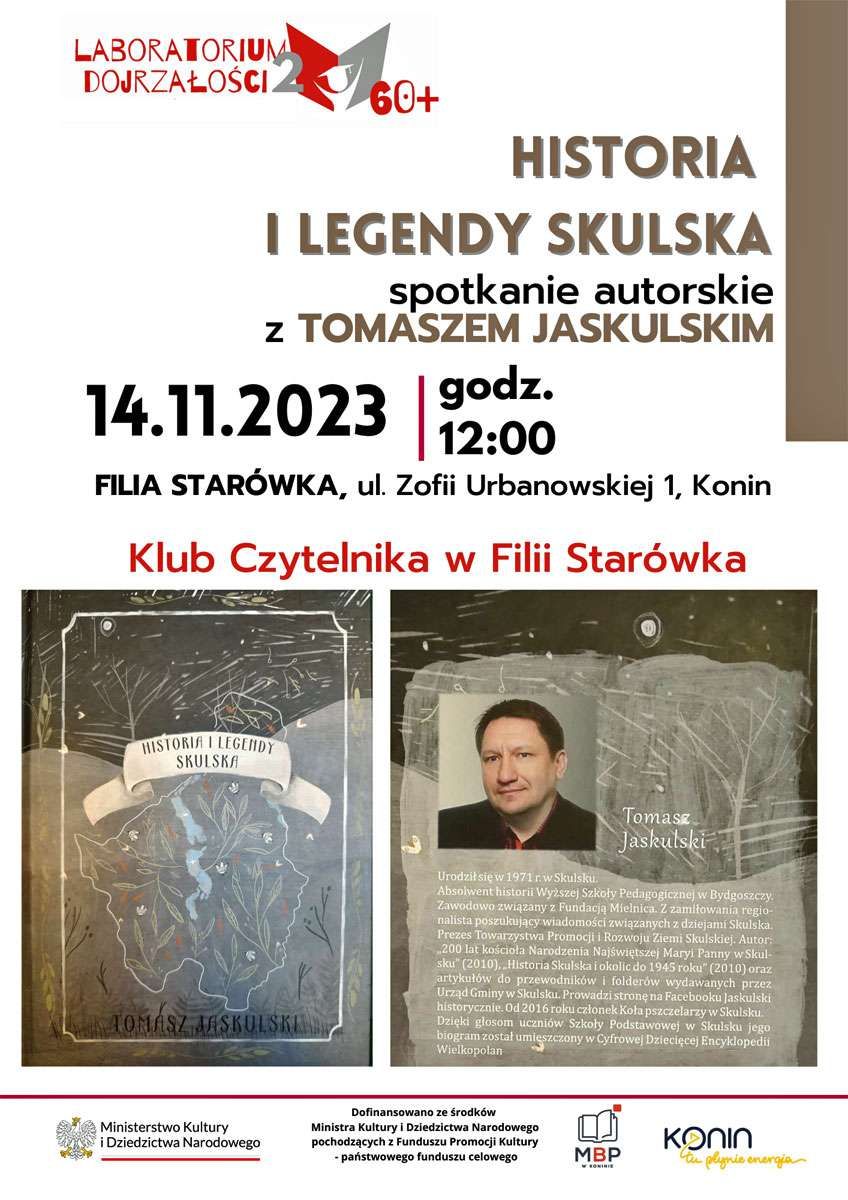 Plakat promujący spotkanie z Tomaszem Jaskulskim w Filii "Starówka". Projekt plakatu: E.G.