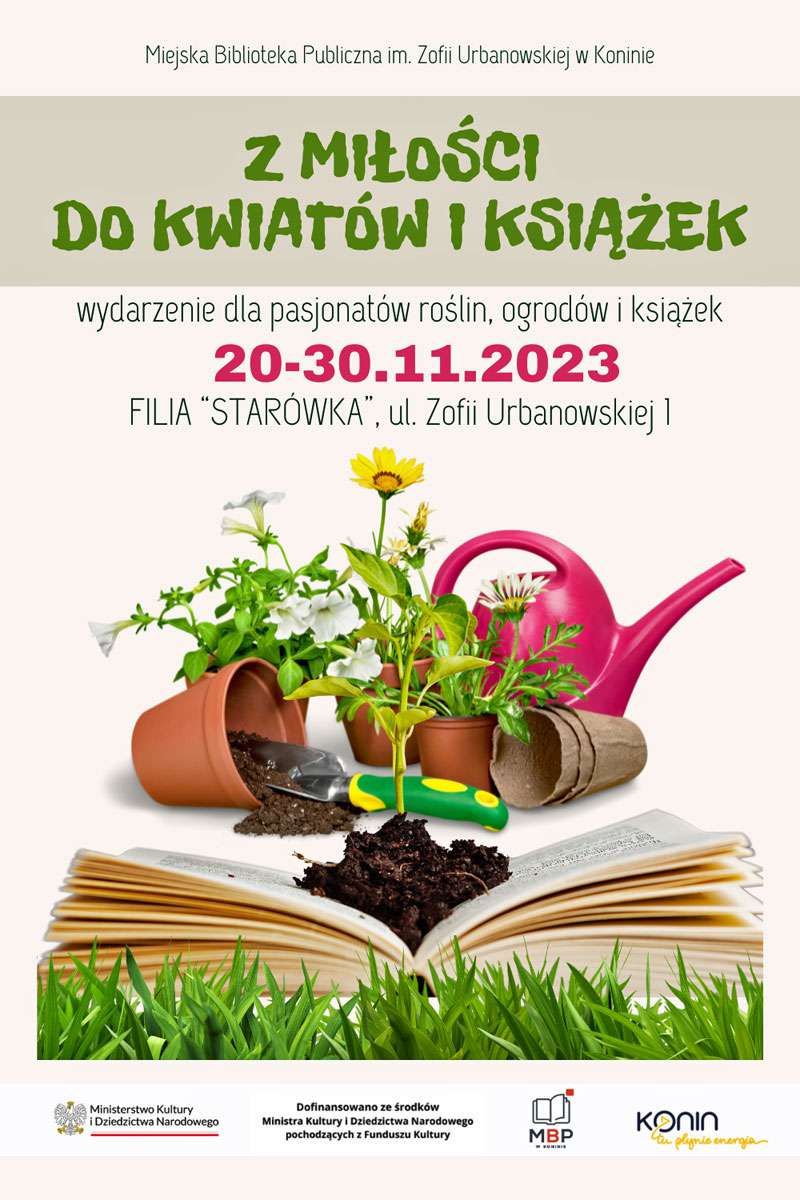 Plakat informujący o akcji "Z miłości do kwiatów i książek". Projekt plakatu: E.G.